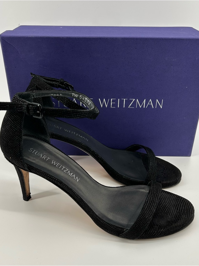 Stuart Weitzman "Nudist" Black Sparkle Ankle-Strap Heels